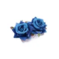 Bohemian bridal hair comb featuring deep royal blue roses and green leaves on silver metal pins - FS11-2 Blue