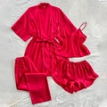 Women's 4-piece red satin sleepwear set with robe, camisole, pants and ruffled shorts - S / Red