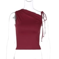 Detail view of burgundy wine red asymmetrical neck top with drawstring shoulder tie - S / Burgundy