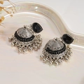 Macro detail of vintage Jhumka earrings with black rhinestones and silver filigree - Black Water Drop (Silver Needle)