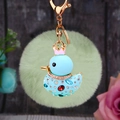 Cute yellow duck plush keychain with light green pompom and gold rhinestone pendant - Single OPP Bag Packaging / Blue Duck + Light Green Plush Ball
