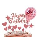 Pink glitter Happy Birthday cake topper set with star, heart shapes and a mini balloon - Rose Gold Set 10