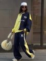 Blue and yellow contrast sports tracksuit with oversized hoodie and straight-leg sweatpants - S / Dark Blue