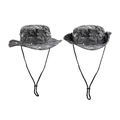 Detail showing digital camouflage boonie hats with adjustable chin straps for outdoor sun protection - Grey Digital Camo