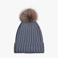 Winter knitted beanie in dark grey-blue with a fluffy brown faux fur pom-pom - Adult Size (56-60cm) / Gray