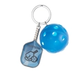 Blue pickleball paddle keychain with matching mini perforated ball on silver ring - Blue Pickleball Paddle C With Plastic Ball