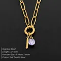 Gold-plated stainless steel paperclip chain necklace with purple CZ gemstone and bar pendants - Lowercase l