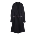 Elegant black long knit coat with a wide lapel and dark brown slim leather belt accessory - S / Black