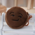 Detail of round plush coin purse featuring embroidery smiley face and plastic clip hook - Dark Brown