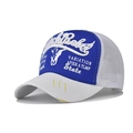 Detail of vintage washed trucker hat featuring Black Rebel embroidery and distressed brim - Adjustable / Blue and White