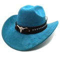 Dettaglio cappello da cowboy scamosciato color petrolio con emblema longhorn e borchie - Blu Lago / M (56-58cm)