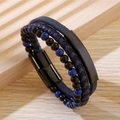 Detail shot of multi-layer blue leather braided bracelet with stone beads and magnetic clasp - 18.5cm / Dark Blue