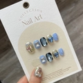 Short blue and silver handmade press-on nails with heart rhinestones and crystals - Blue Silver Black Irregular Diamond Style (854)