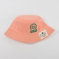 Pink kids bucket hat with a green smile embroidery and a woven label on a gray background - CM8001 Smiley Series / Orange