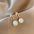 Elegant gold rectangle frame earrings with shimmering crystals and large white pearls - 15# Diamond-set Geometric Pearl Earrings