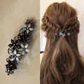 Elegant vintage alloy hair clip with black and gray rhinestone petals for ponytail - Black Gray - Curved Flower Vintage Spring Clip