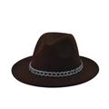 Detail of dark brown wool fedora hat featuring a stylish grey thick chain band accent - Dark Brown(16)
