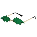 Green bat-shaped St. Patrick's Day sunglasses with gold metal frame and rimless lenses - Bat