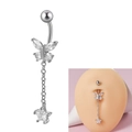 Silver navel ring with butterfly and star pendant inlaid with clear zircon stones - Silver-Butterfly Star