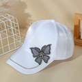 Detail of white satin baseball cap with rhinestone butterfly and decorative crystal chain - Adjustable / White (23MZ043B)
