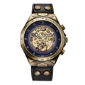 Detail view of skeleton mechanical watch with bronze case, gold gears, and black leather strap - s076 Black