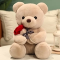 Oso de peluche beige con una rosa roja y un lazo de cinta gris oscuro de regalo - Marrón / 23CM