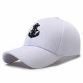 White baseball cap with black embroidered anchor and helm design in a 45-degree side view - Adjustable / White