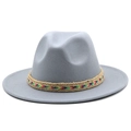 Detail of grey wool felt fedora hat featuring a colorful tribal style woven decorative band - Light Gray