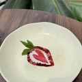 Top view of a strawberry-shaped acetate hair claw with rhinestones in a white tray - Red - Strawberry Pulp Heart Claw