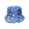Close-up of denim blue sun hat with floral print and detailed reinforced brim stitching - M (56-58cm) / Denim Blue Base Multi-color Floral (F)