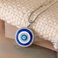 Halskette mit blauem Evil Eye Anhänger, Emaille und funkelnden Kristalldetails - Silber (23559)