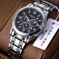 Men's silver stainless steel watch with black dial and luminous hands on a wooden base - Sport Silver Band Black Dial