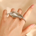 Macro detail of vintage silver leaf-shaped ring on champagne silk background - Silver Large Leaf Multi-Finger (5452)