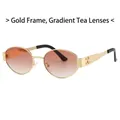 Ovale Metall-Sonnenbrille in Gold mit Teeglas-Verlauf und stilvollem Seitenlogo - Goldrahmen Tee Verlaufgläser