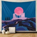 Detalle de tapiz bohemio con templo griego e ilustración de luna rosa gigante en pared - 73X95CM / Templo de la Luna Rosa - Tela Cepillada