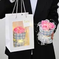 Pink soap rose bouquet in blue plaid tweed wrap with LED lights and window gift bag - With Preserved Plants (No Bag/Light) / Blue