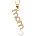 Detailed view of a gold-plated MOM letter necklace set with sparkling white zircon stones - Vertical Mom Letter / Gold-D360 White Zirconia