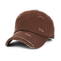 Distressed brown cotton baseball cap with vintage ripped details and frayed edge design - Coffee