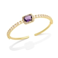 Detail of 18K gold open bangle featuring a purple rectangular stone and pavé zircons - Purple
