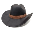 Detail view of black woven cowboy hat with brown braided leather band on white background - M (56-58cm) / Striped Black