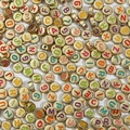 Close-up of golden round alphabet beads with colorful letters for DIY jewelry making - Gold with Colorful English Letters