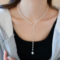 Silver Y-shaped beaded necklace featuring a grey pearl drop pendant in minimalist style - Silver (12mm Pearl)