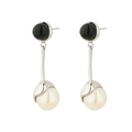 Detail of drop earrings with black studs and white pearls on stainless steel bars - Black Bead Long Rod Pearl Drop Earrings (E1142-ST)