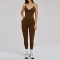 Two-piece dark coffee yoga set with slim-fit V-neck tank top and high-waist leggings - S / Caramel Brown