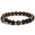 Men's beaded bracelet with natural tiger eye and black lava stones with silver spacers - Yellow Tiger Eye + Lava Stone + Silver Spacers