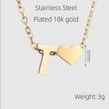 18k gold plated stainless steel necklace featuring letter T and heart pendant - Letter T