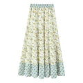 Bohemian floral tiered maxi skirt with high elastic waist and yellow print on white fabric - Yellow Floral