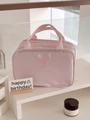 Trousse à maquillage en satin rose avec broderie Lucky et trois compartiments de rangement - Sac cosmétique à main / Rose