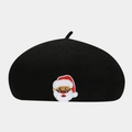 Close-up of Santa Claus embroidery on black wool beret with high-quality texture - M / Santa Claus Pattern Black