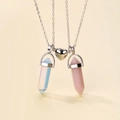 Detail of light blue and pink stone necklaces connected by a silver magnetic heart pendant - Jelly Green and Jelly Pink
